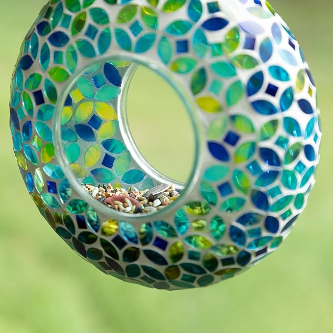 Glitzhome 8''D Hanging Glass Bird Feeder, Round Fly Through Wild Bird Feeder for Outdoors,Blue/Green Mosaic Birdfeeder for Garden, Yard, Backyard, Deck and Porch Decor
