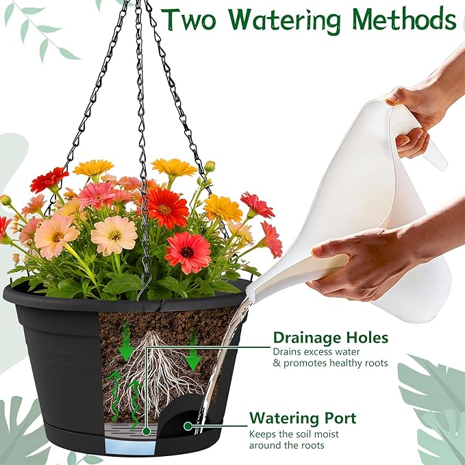 Nooulap 6 Pack Hanging Planters, 10 Inch Plant Pot with Hanger Chain & Drainage Trays, Hanging Baskets for Plants Outdoor Indoor, Hanging Flowers, Vegetables, Herbs (Black-6 Pack, 10 inch)