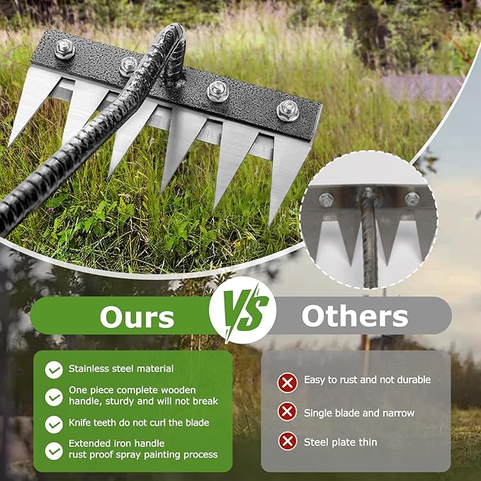 Gardenia Iron Weeding Rake, 2.0 Iron Weeding Rake with Long Handle, 6 Teeth Heavy Duty Weed Puller Tools for Gardening, Weedings ,Lawn