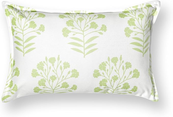 Hofdeco Premium Coastal Patio Indoor Outdoor Lumbar Pillow Cover Only, 12"x20" Water Repellent for Backyard, Couch, Green Print Floral (Pack of 2)