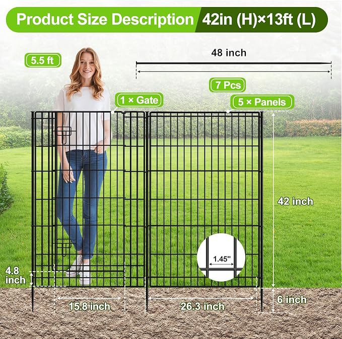 INJOPEXI Decorative Garden Fence 6 Panels 13ft (L)×42in (H) Animal Barrier Fences with 5 Panels + 1 Gate, No Dig Garden Fencing Rustproof Metal Wire Temporary Rabbit Dog Fence for Patio Outdoor Yard