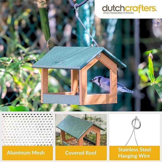DutchCrafters Amish USA Made Recycled Plastic Large Hanging Modern Fly Through Covered Roof Open Platform Tray Bird Feeder for Outdoors, Garden, Yard (Turf Green & Bright Cedar)