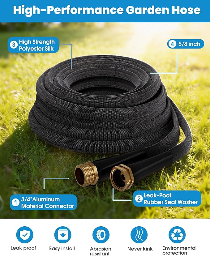 50 FT Garden Hose, Non-Expanding Water Hose, Ultra Flexible, Burst-Resistant, Kink-Free, High-Pressure Garden Hose for Easy All-Weather Use on Lawns, Gardens, and Outdoor Cleaning