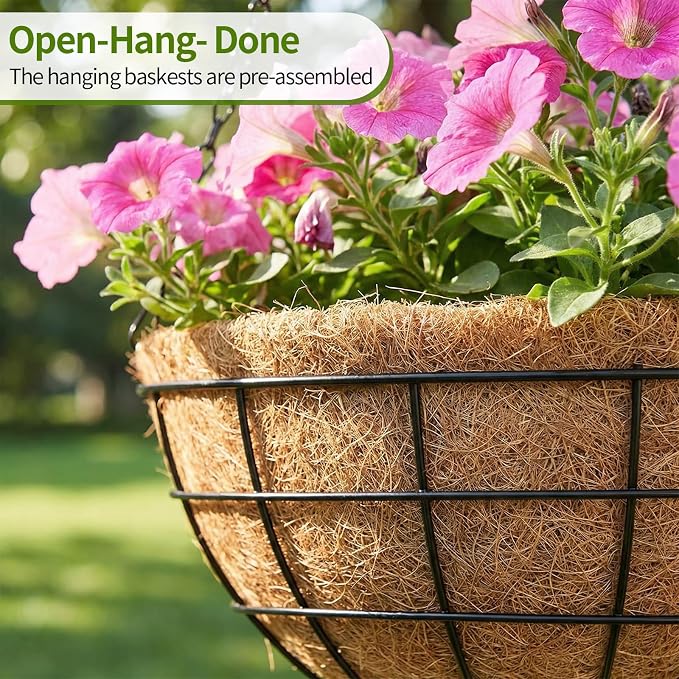 14 Inch Hanging Baskets for Plants Outdoor, 4 Pack Large Hanging Planters for Outdoor Plants, Round Metal Wire Hanging Flower Pots with Coconut Coir Liners for Garden, Deck, Porch, Balcony