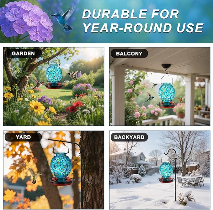 Hummingbird Feeder, Glass Hummingbird Feeder for Outdoors, Vibrant Colors Attract Hummingbirds, 18 Ounces, Netted Texture Ball Shape Bottle