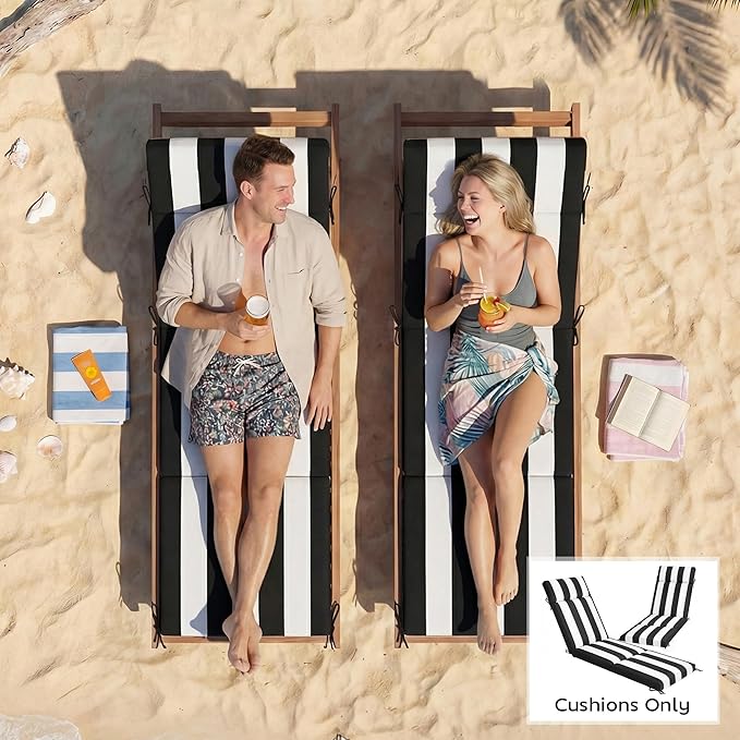 Outsunny Outdoor Chaise Lounge Cushions Set of 2, Chaise Lounge Cushions with 6 Ties, High-Density Foam, 72 x 21.1 x 2.6 Inch Water-Repellent and UV-Resistant for Patio, Poolside, Black and White