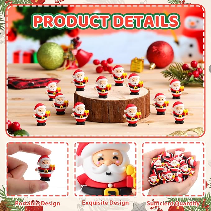 Chunful 100 Pcs Christmas in July Mini Santa Figurines Holding a Gift Tiny Santa Rubber Figure to Hide and Seek Small Statue Xmas Party Supplies Gifts for Xmas Fairy Garden Home Table Decor (Gift Box)