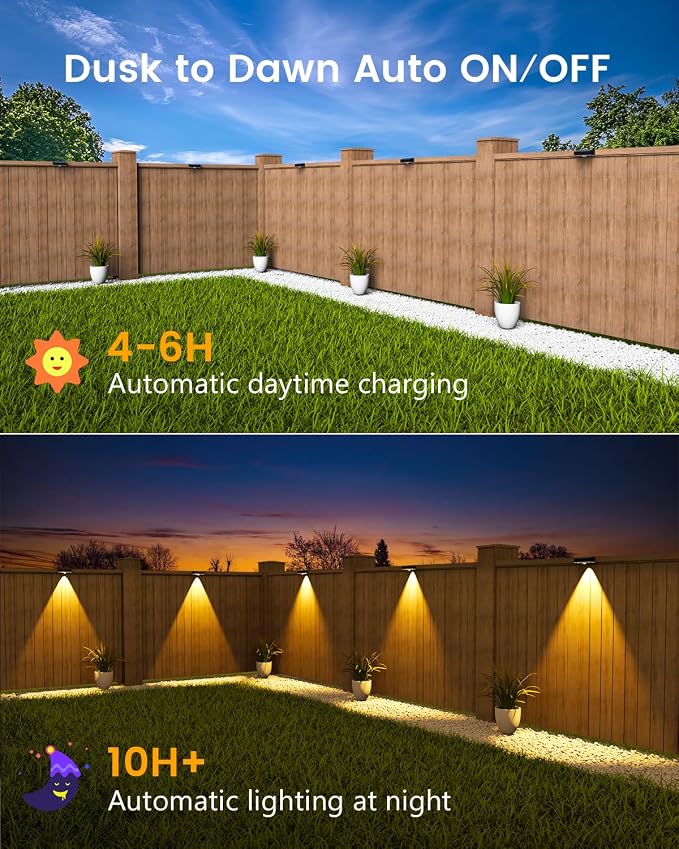 JOFIOS Solar Fence Lights Outdoor, 8 Pack, 50LM Ultra Bright, 3 Color Temperatures & RGB, IP65 Waterproof, Dusk-to-Dawn Solar Powered Fence Lights for Patio, Railing (Black)