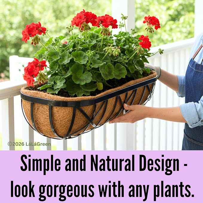 LaLaGreen 30 Inch, 2 Pack Railing Planters with Adjustable Mounting Brackets – Black Metal Window Planter Boxes for Outdoor Gardening, Wall-Mount Flower Pots, Balcony Fence Patio, Porch, Garden