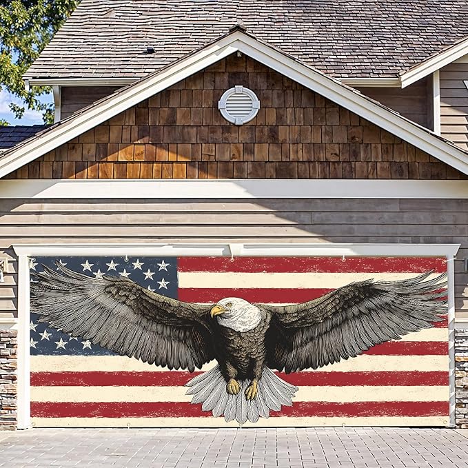 7 * 16FT Eagle USA Flag Garage Door Cover Decorations Independence Day Garage Door Banner for Outdoor Indoor Patriot Party Photography Backdrop