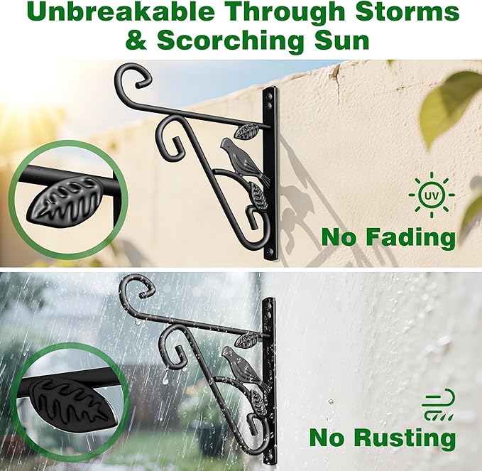 AMAGABELI GARDEN & HOME 2 Pack Hanging Plant Hanger Outdoor 10 inch Metal Hanging Brackets Fence Wall Hooks for Flower Baskets Bird Feeders Lanterns Wind Chimes Rust-Resistant Black