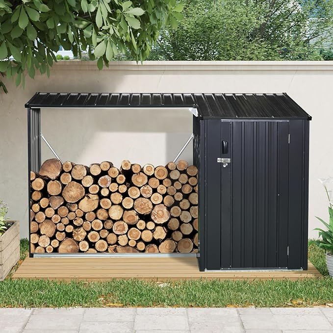 YOPTO 106.5" Outdoor Steel Firewood Rack Metal Storage Shed with Door and Reinforced Base,Multi-Functional 2 in 1 Waterproof Cabinet W/Roof,for Equipment Machines,Black