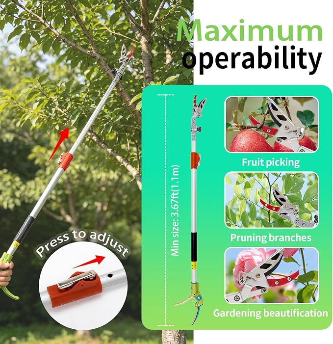 3.67-5.45Ft Extendable Cut & Tree Trimmer for Precision Gardening Pruning & Fruit picking, Long Reach Pruning Shears - Lightweight Aluminum Rust-Resistant Picker, Branch Bypass Loppers(1/2" Max Cut)