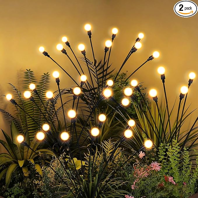 Solar Garden Lights, LED Swaying Solar Lights Outdoor Waterproof, Warm White Firefly Outdoor Decorative Lights, Garden Decor, Yard, Patio, Pathway Decoration Gardening Gifts (2 Pack)