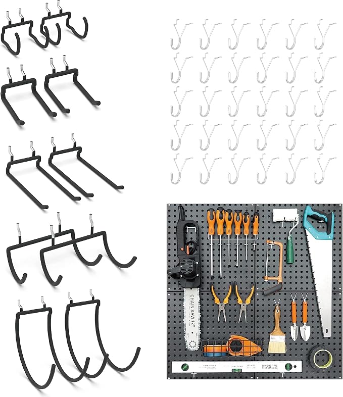 HUHOLE Peg Board Tool Utility Hooks 10 Pack + Metal Black Pegboard 4PC 32" X 32"