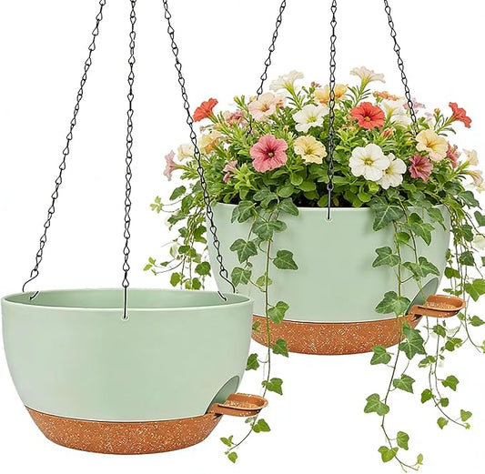 12" Self Watering Hanging Planters, Green Brown, 2 Pack | With Chains
