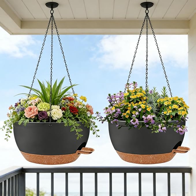 12" Self Watering Hanging Planters with Chains, Black Brown，2 Pack | 43 Oz removable self-watering reservoir, for indoor/outdoor plants, patio & garden