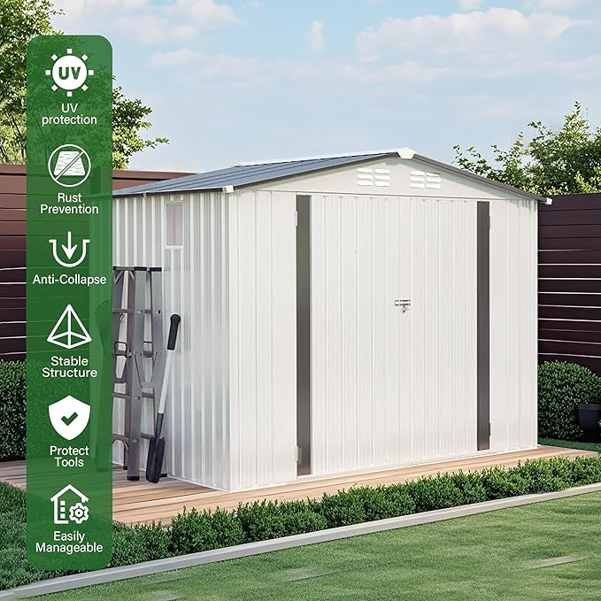 8x6FT Metal Storage Shed Outdoor Garden Tool Shed, Galvanized Steel Weather Resistant Backyard Organizer with Lockable Door, Waterproof Utility Storage House for Patio Courtyard Equipment Storage