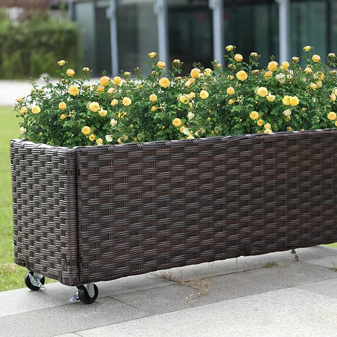 Raised Garden Bed - Garden Planters Box with Wheels, Rattan Patio Raised Beds for Gardening, Indoor Outdoor Planters 3.1FT Save Space…