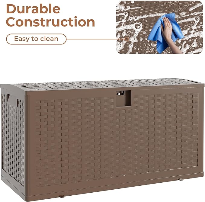 Resin Deck Box, 73 Gal Outdoor Storage Box Waterproof Lockable, Patio Square Deck Box For Package Delivery, Outside Storage Box Container for Furniture Cushions, Garden Tools, Pool Accessories, Brown
