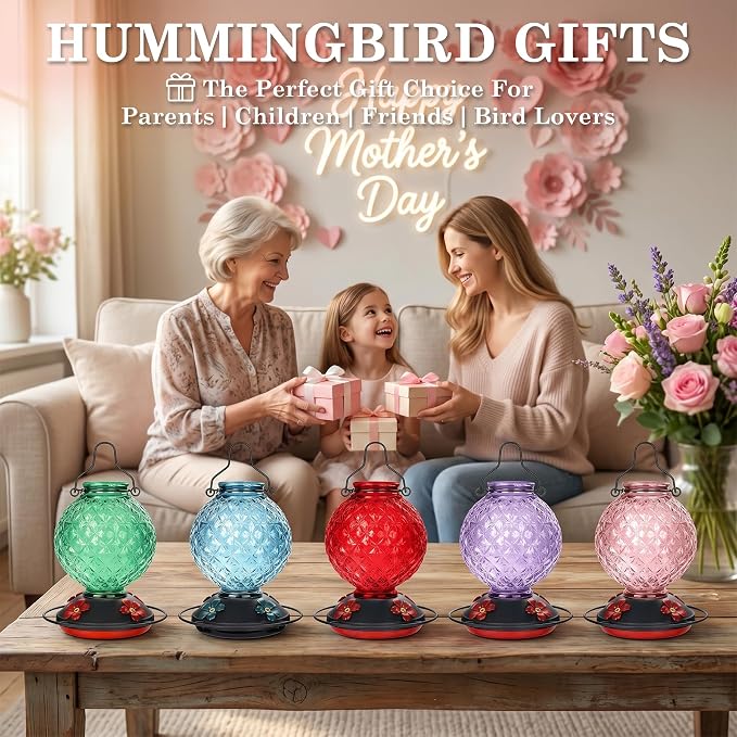 25 OZ Glass Hummingbird Feeder for Outdoors, Leak Proof Hummingbird Feeder with Ant Moat, 4 Bee Resistant Feeding Ports, Easy Clean Wide Mouth Design, 360° Perch, Hanging Nectar Feeder, Pink