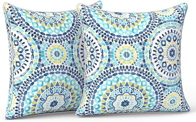 LVTXIII Outdoor Throw Pillows Set of 2, Patio Waterproof Pillows Fade Resistant Accent Pillows for Home and Garden Furniture Decoration, 16x16 Inch, Delancey Baltic