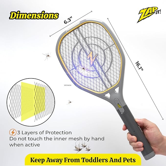 ZAP IT! Rechargeable Electric Fly Swatter Racket - 4,000-Volt Mosquito Zapper with USB Charging and LED Light - Large - Safe 3-Layer Mesh Bug Zapper Racquet for Indoors and Outdoors - Yellow