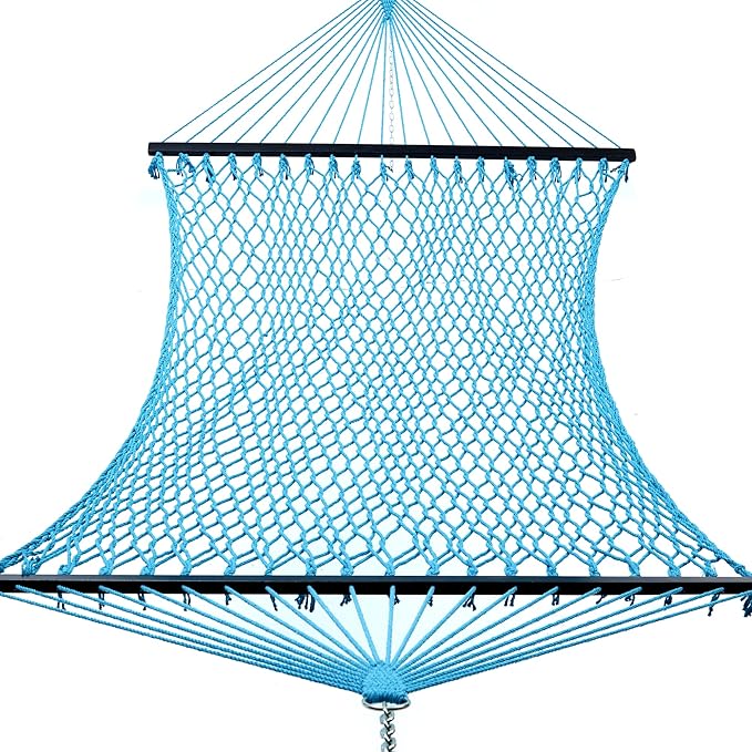GAFETE 12ft Family Hammocks, Handwoven Traditional Cotton Rope Hammock with Hardwood Spreader Bar, Chains and Hooks for Indoor Outdoor, Max 450 lbs Capacity(Lake Aqua, Large)