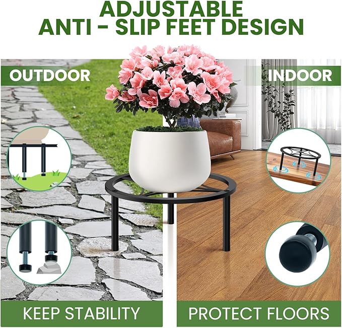 TOSKING Heavy Duty Metal Plant Stand - 9" Round Geometric Pattern, Adjustable Non-Slip Leveling Feet, Rustproof, Decorative Display Shelf for Small to Medium Plants, Indoor/Outdoor, Black (9"Dia x 5.2"H)