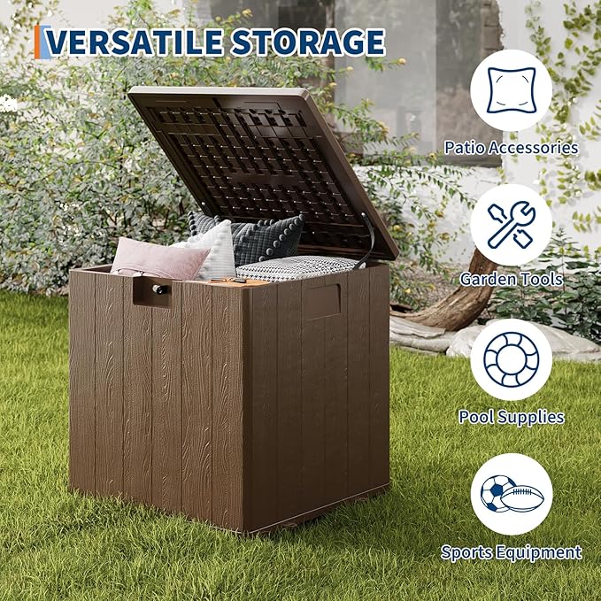 80 Gallon Resin Deck Box, Large Waterproof Outdoor Storage Box with Lockable Lid & UV Resistant, Storage Container for Patio Furniture Cushions, Garden, Backyard, and Poolside，Brown