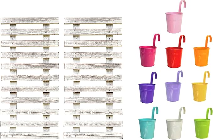 ShopLaLa Bundle- 2 Pack, 23.6 Inch Wooden Plant Holder + 10 Pack, 4 Inch Colored Metal Pots, Vertical Herb Plant Wall Mount Hanging Bucket Unique Garden System Rustic White Ladder Frame Indoor Decor