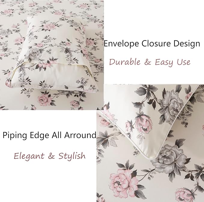 FADFAY Floral Sheets Set Cal King Vintage Rose Floral Bedding Shabby Grey and Pink Peony Printed Sheets 800 Thread Count 100% Egyptian Cotton Soft Deep Pocket Fitted Sheet 4Pcs, California King Size