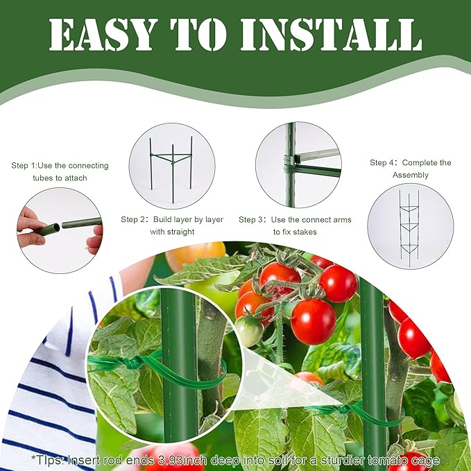 6-Pack 48'' (4ft) Tomato Cages & Trellis – Outdoor Garden Adjustable Plant Support & Stakes for Home Gardeners, Raised Garden Beds & Patio, Supports Climbing Tomatoes, Vegetables & Flowers