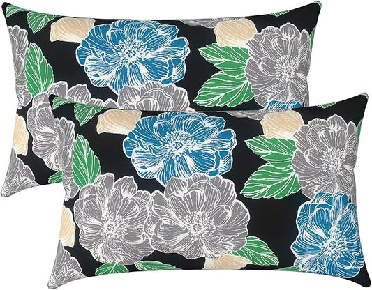 LVTLVTXIII 12×20 Inch Outdoor Lumbar Pillows, Pack of 2 Water Repellent Lumbar Pillow with Inserts, Fluffy Decorative Garden Lumbar Cushions for Home Patio Coach Sofa Use, Peony Garden