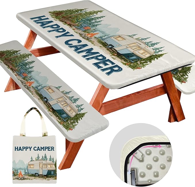 Picnic Table Cover with Bench Covers, Camping Essentials, Fitted Camping Tablecloth with Bag, Waterproof and oilproof with elastic Edge for Indoor Outdoor Patio, 72in (Forest RV)