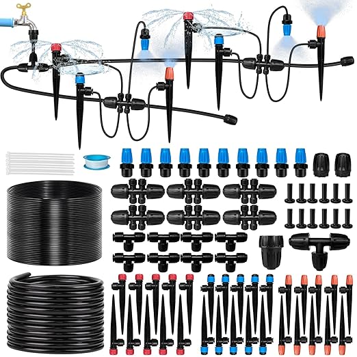 250FT Drip Irrigation System for Garden with 20 Nozzles & Emitters, Garden Watering System with 1/2" & 1/4" Tube and Barbed Fittings - Adjustable Sprinklers Kit for Greenhouse, Lawn, Raised Bed