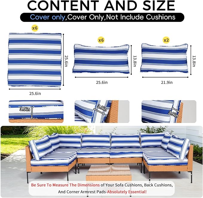 14 Piece Outdoor Patio Cushion Covers Replacement Waterproof with Zipper for 6-Seater Sectional Couch Chair Patio Furniture Conversation Sofa Seat Cushions Slipcovers Set, Only Cover