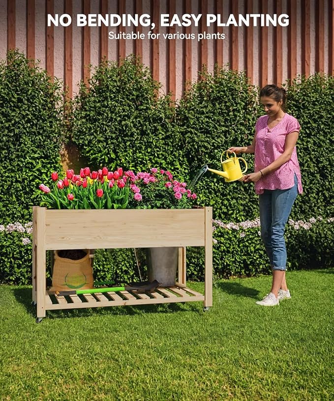 CABIHOME 48x24x32 in Mobile Elevated Raised Garden Bed, Wood Planter with Lockable Wheels, Storage Shelf & Protective Liner for Indoor/Outdoor Gardening, Natural
