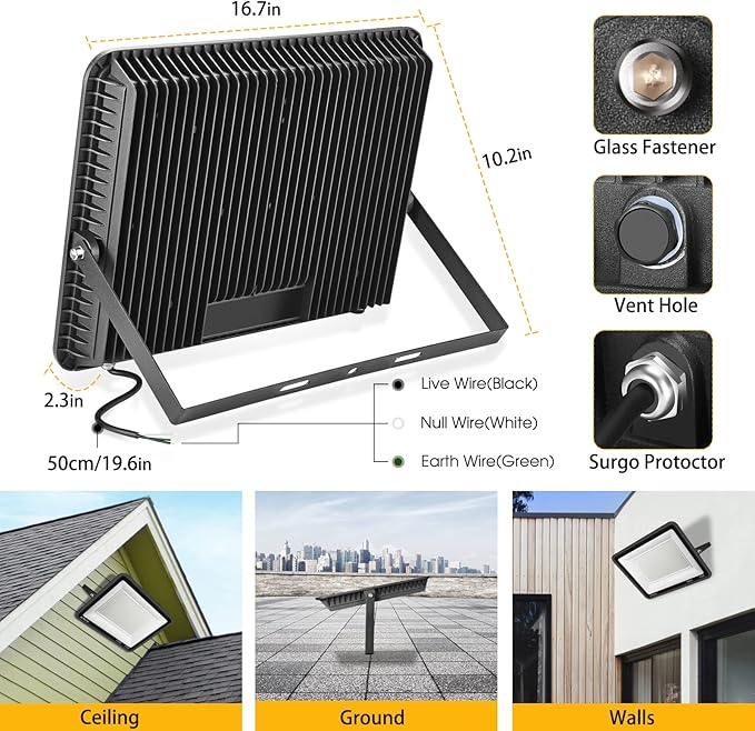 XYCN 300W LED Flood Light (2000W Equivalent), Super Bright 42,500LM 5000K Daylight IP66 Waterproof Security Outdoor LED Arena Lights Commercial Lighting Floodlight for Backyard|Court|Stadium|Yard
