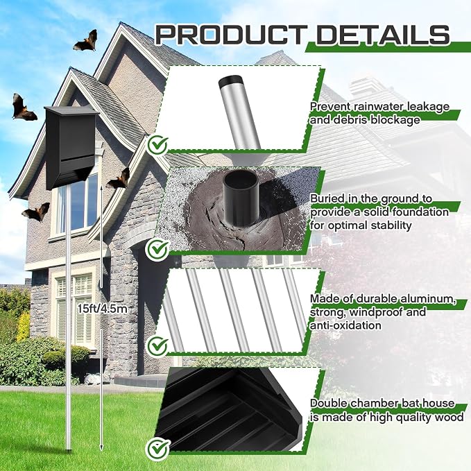 Yaocom 15FT Telescoping Bat House Pole Kit Include Bat House, Ground Socket for Outdoor