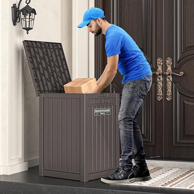 LHBGO Package Delivery Box for Outside with Sticker, 48 Gallon Storage with Lockable Secure, Large Double Wall Resin Outdoor Package Delivery Waterproof Deck