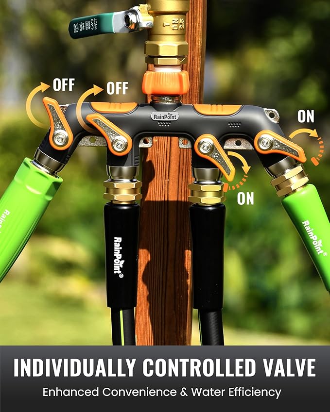 RAINPOINT 4 Way Garden Hose Splitter, 100% Metal Heavy Duty Water Hose Splitter with Individual Shut-Off Valves, 3/4" GHT High Flow Outdoor Faucet Splitter, 1.81" Extra Long Handle (Orange)