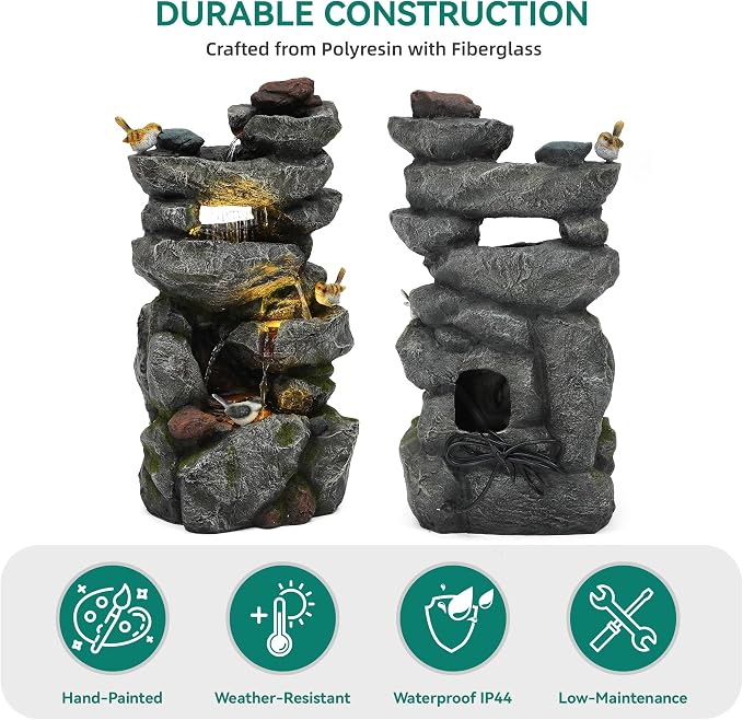 AUTODAYA 31.5" H Multi-Tier Rock Outdoor Water Fountain with LED Lights and Pump, Garden Fountain Waterfall for Patio, Porch, or Yard