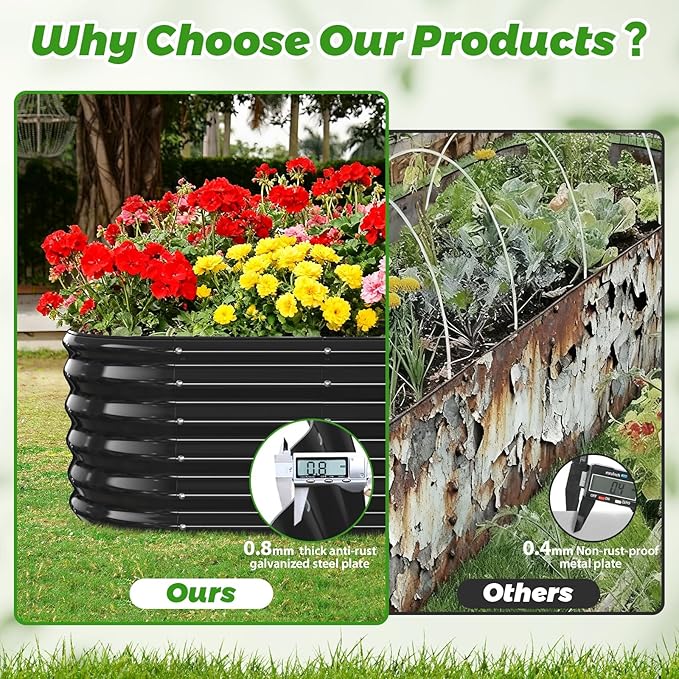 YSEJOMP 17" Tall Outdoor Garden Raised Garden Bed Kits, 4ft X 2ft Oval,0.8MM Thick Metal Raised Planter Bed/Ground Planter Box for Variety of Flowers,Herbs,Vegetables (Black, 48X24X16.5 Inches)