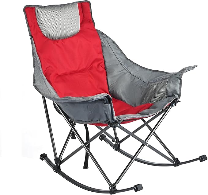 SUNNYFEEL Oversized Rocking Camping Chair, Fully Padded Patio Chair with Side Pocket, High Back Portable Lawn Recliner with Headrest, Outdoor Camp Rocker Chairs for Adults Heavy Duty 500 LBS Carry Bag