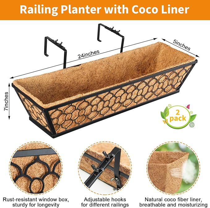 Riare 2 Pack 23 Inch Window Boxes Planters with Coco Liner, Metal Deck Railing Planter Boxes, Balcony Planters Railing Hanging, Horse Trough Window Flower Planter Boxes for Outdoor Porch Fence Patio