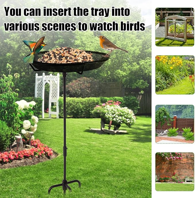 HRAYLTOP Standing Bird Feeder Bowl with 29.1 inch Iron Stand - Detachable Outdoor Decor for Garden Backyard Patio and Deck - Perfect for Attracting Birds