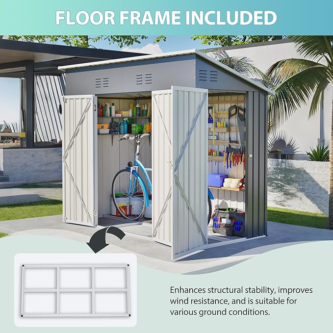 YOPTO 4x8 FT Outdoor Storage Shed,Slope Roof Storage Metal Garden Shed Steel with Reinforced Beams,All Weather Waterproof Garden Tool House W/Lockable Door & 4 Air Vents,for Backyard,Patio,Lawn,Grey
