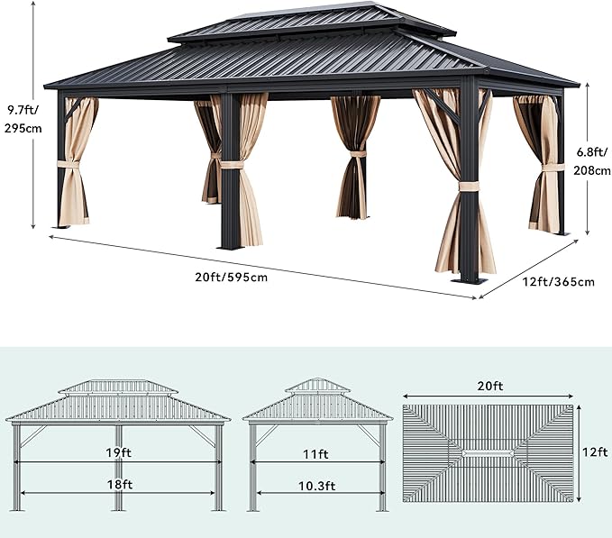 YITAHOME 12x20ft Gazebo Hardtop Canopy Heavy Duty Double Roof Outdoor w/Nettings and Curtains, Upgraded Aluminum Column Galvanized Steel Vertical Stripes Roof for Patio, Backyard, Deck, Lawns, Brown