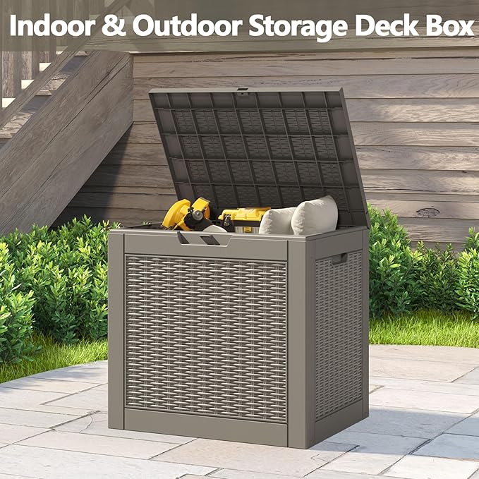 LHBGO 31 Gallon Deck Box, Resin Outdoor Storage Box, Waterproof and UV Resistant Deck Box, Lightweight Storage Box for Garden Tools, Pool Supplies